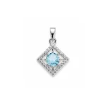 square shaped silver pendant with blue topaz & cubic zirconia