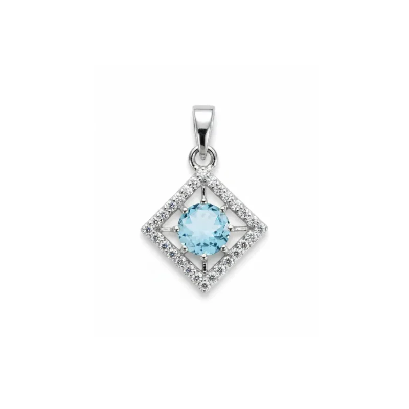 square shaped silver pendant with blue topaz & cubic zirconia