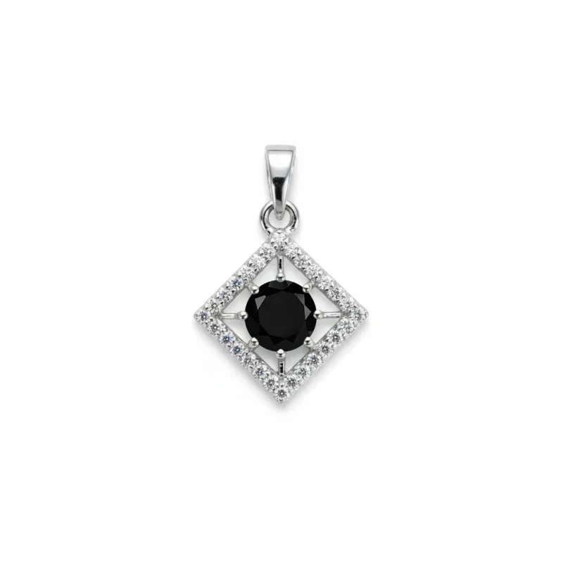 square shaped silver pendant with black onyx & cubic zirconia