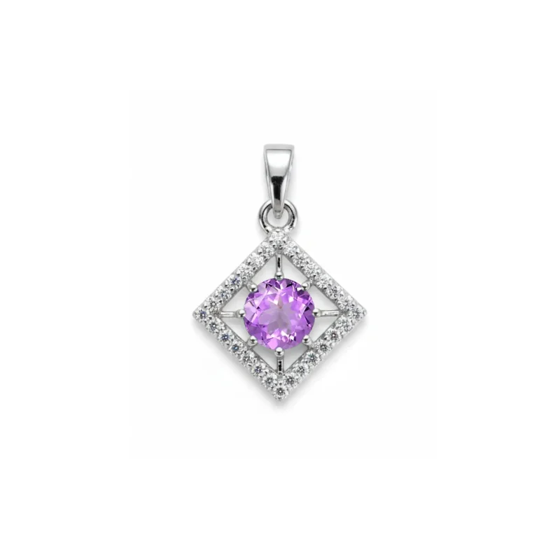square shaped silver pendant with brazilian amethyst & cubic zirconia