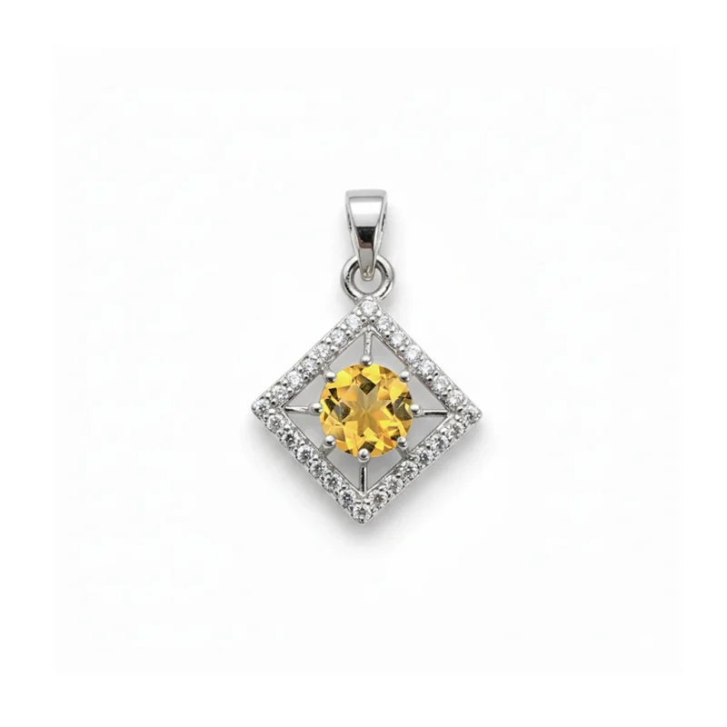 square shaped silver pendant with citrine & cubic zirconia