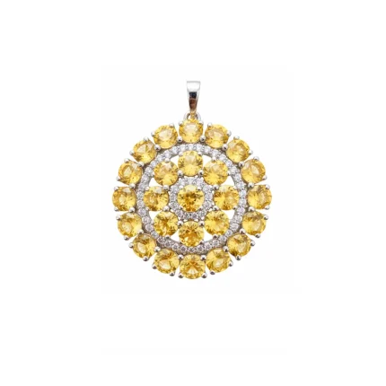 big silver round pendant with citrine and cubic zirconia