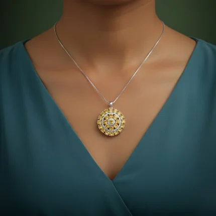 model wearing round shaped citrine and cubic zirconia studded silver pendant