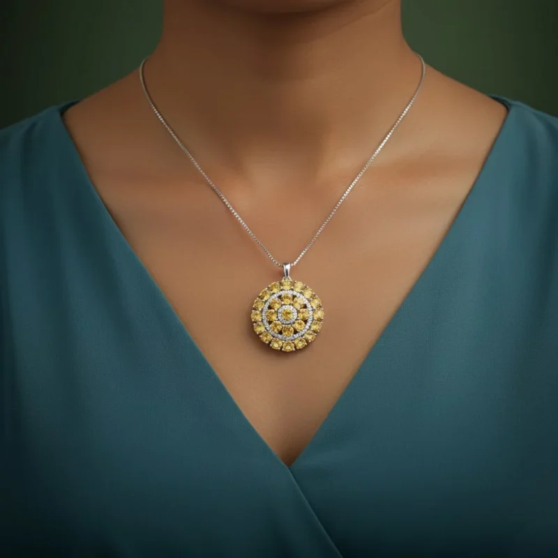 model wearing round shaped citrine and cubic zirconia studded silver pendant