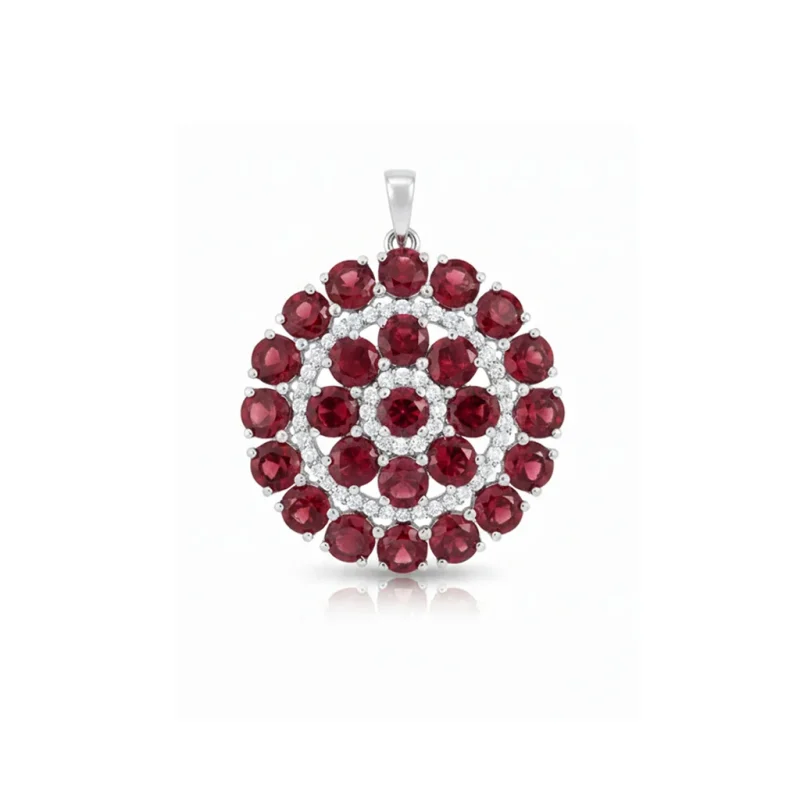 big silver round pendant with Garnet and cubic zirconia