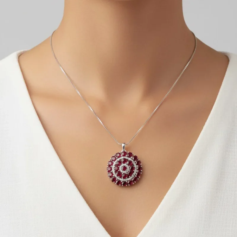 model wearing round shaped garnet and cubic zirconia studded silver pendant