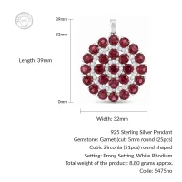 details of round shaped garnet and cubic zirconia studded silver pendant