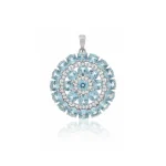 big silver round pendant with blue topaz and cubic zirconia
