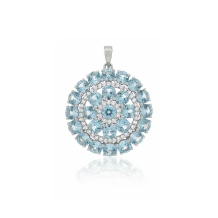 big silver round pendant with blue topaz and cubic zirconia