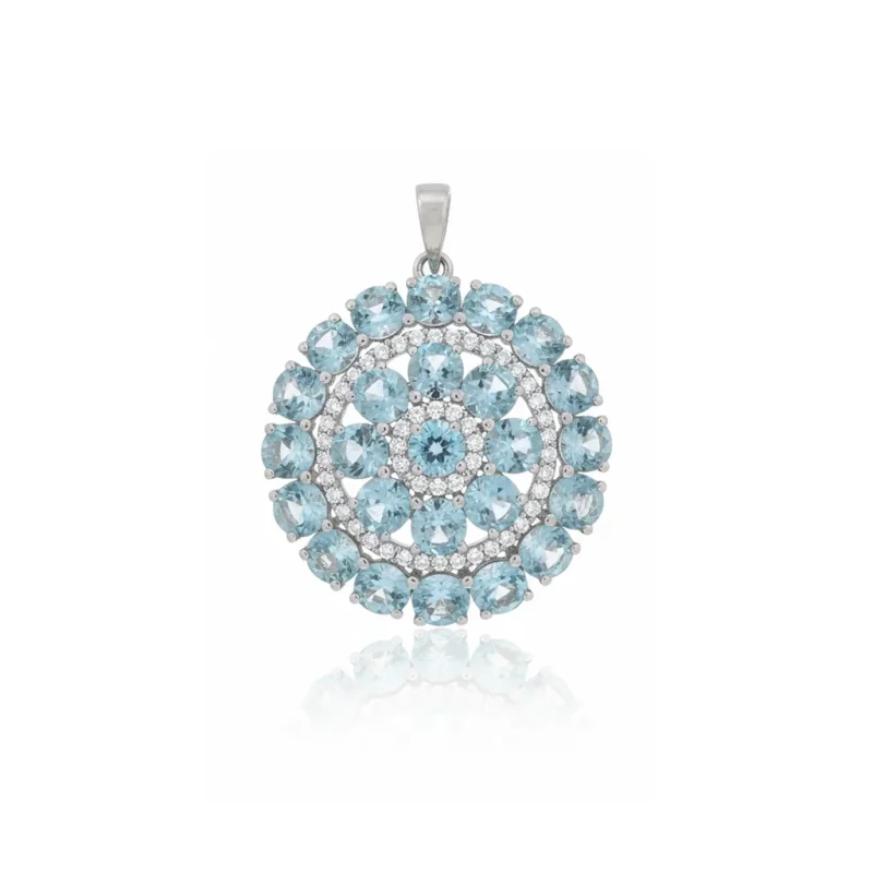 big silver round pendant with blue topaz and cubic zirconia