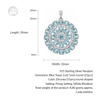 details of round shaped blue topaz and cubic zirconia studded silver pendant