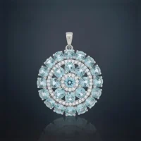 beautifully representing big silver round pendant with blue topaz and cubic zirconia