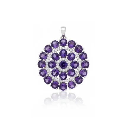 big silver round pendant with amethyst and cubic zirconia
