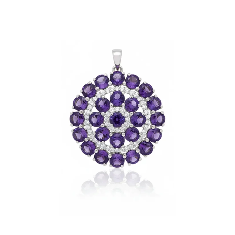 big silver round pendant with amethyst and cubic zirconia
