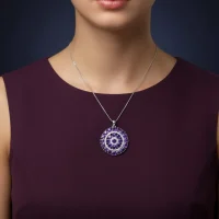 model wearing round shaped amethyst and cubic zirconia studded silver pendant