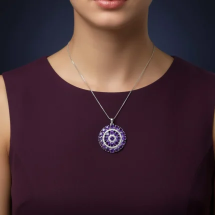 model wearing round shaped amethyst and cubic zirconia studded silver pendant