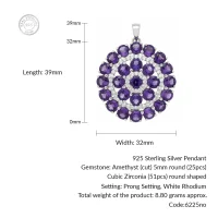 details of round shaped amethyst and cubic zirconia studded silver pendant