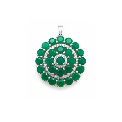 big silver round pendant with green onyx and cubic zirconia