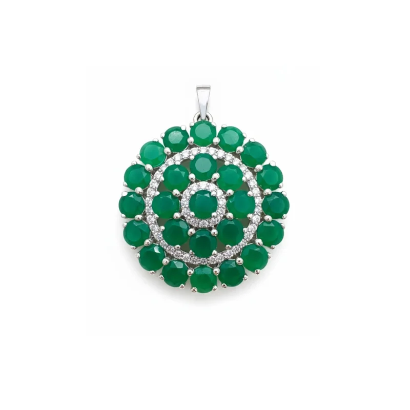 big silver round pendant with green onyx and cubic zirconia