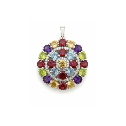 big silver round pendant with multi gemstone and cubic zirconia