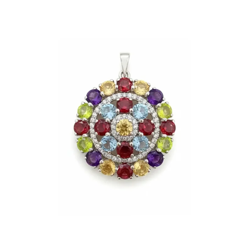 big silver round pendant with multi gemstone and cubic zirconia