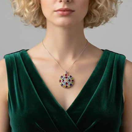 model wearing round shaped multi gemstone and cubic zirconia studded silver pendant