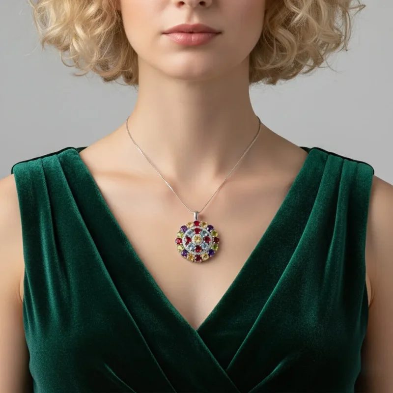 model wearing round shaped multi gemstone and cubic zirconia studded silver pendant