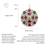 details of round shaped multi gemstone and cubic zirconia studded silver pendant