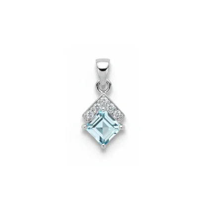 square shaped blue topaz with cubic zirconia silver pendant