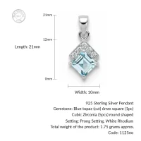 details of square shaped blue topaz with cubic zirconia silver pendant