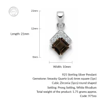 details of square shaped smoky quartz with cubic zirconia silver pendant