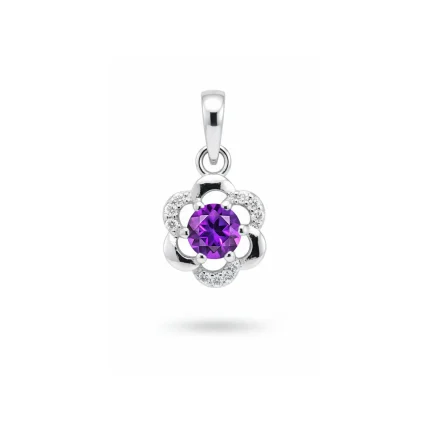 5mm round amethyst with cubic zirconia flower shaped silver pendant