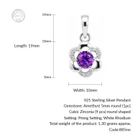 details of 5mm round amethyst with cubic zirconia flower shaped silver pendant