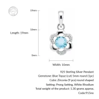 details of 5mm round blue topaz with cubic zirconia flower shaped silver pendant