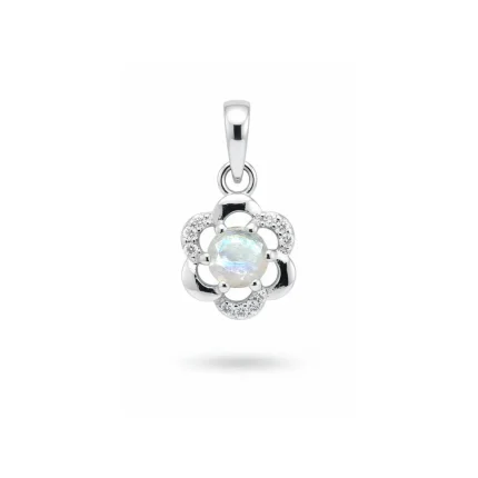 5mm round rainbow moonstone with cubic zirconia flower shaped silver pendant