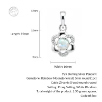 details of 5mm round rainbow moonstone with cubic zirconia flower shaped silver pendant