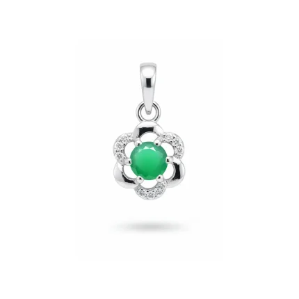 5mm round green onyx with cubic zirconia flower shaped silver pendant