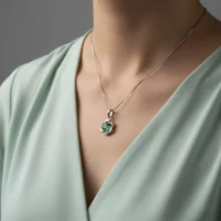 model wearing 5mm round green onyx with cubic zirconia flower shaped silver pendant
