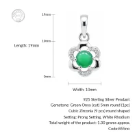 details of 5mm round green onyx with cubic zirconia flower shaped silver pendant