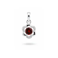 5mm round garnet with cubic zirconia flower shaped silver pendant