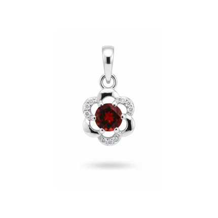 5mm round garnet with cubic zirconia flower shaped silver pendant