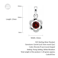 details of 5mm round garnet with cubic zirconia flower shaped silver pendant