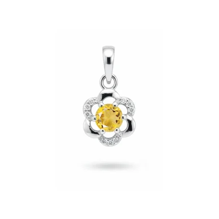 5mm round citrine with cubic zirconia flower shaped silver pendant