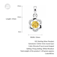 details of 5mm round citrine with cubic zirconia flower shaped silver pendant