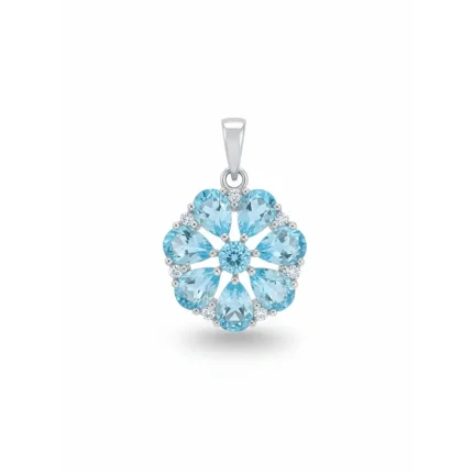 5x7 pear shaped blue topaz with cubic zirconia flower shaped silver pendant