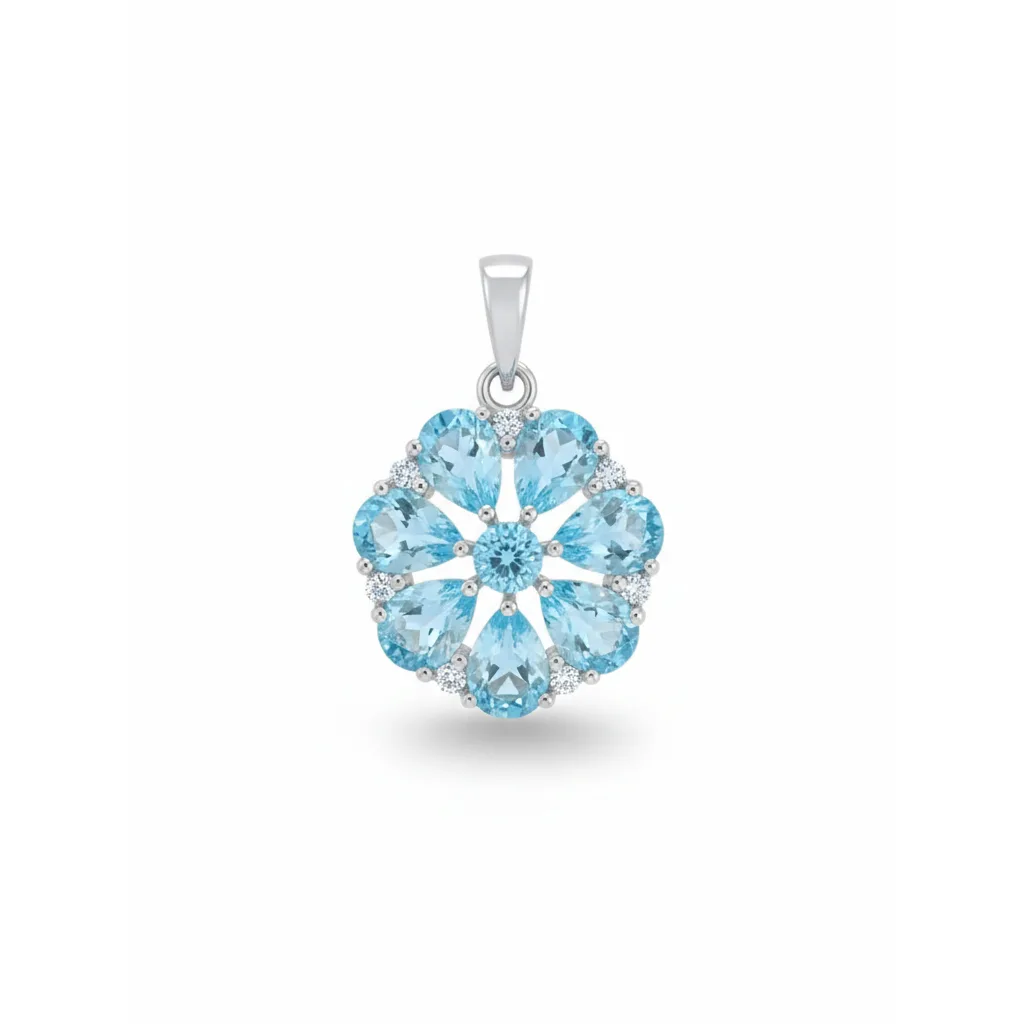 pendant gemstone with cubic zirconia 44a 5x7 pear shaped blue topaz with cubic zirconia flower shaped silver pendant
