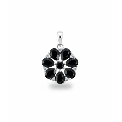 5x7 pear shaped black onyx with cubic zirconia flower shaped silver pendant