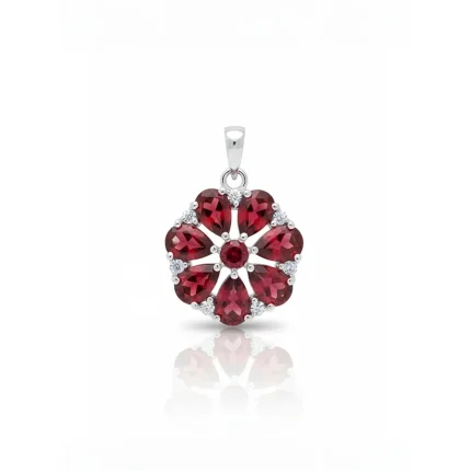 5x7 pear shaped garnet with cubic zirconia flower shaped silver pendant