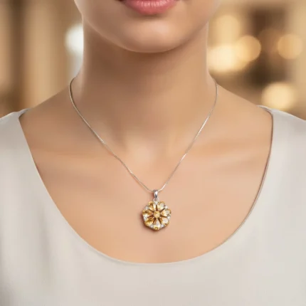 model wearing 5x7 pear shaped citrine with cubic zirconia flower shaped silver pendant
