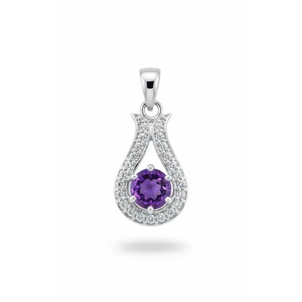 6mm round amethyst with cubic zirconia silver pendant